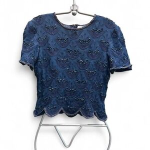 Women's navy beaded top w scallop hem by Adrianna Papell occasions size P6 -17"
